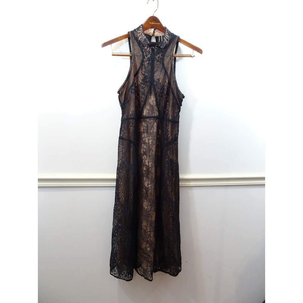 Anthropologie Black Floral Lace Halter Midi Dress Nude Lining 10P Party Formal - Picture 2 of 14